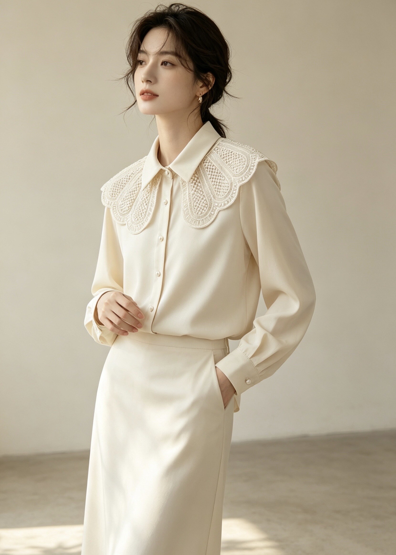 Elegant Big Collar Lace Blouse with Beading and Vintage Embroidery