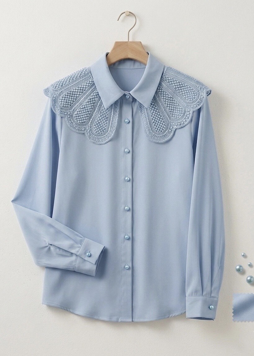 Elegant Big Collar Lace Blouse with Beading and Vintage Embroidery