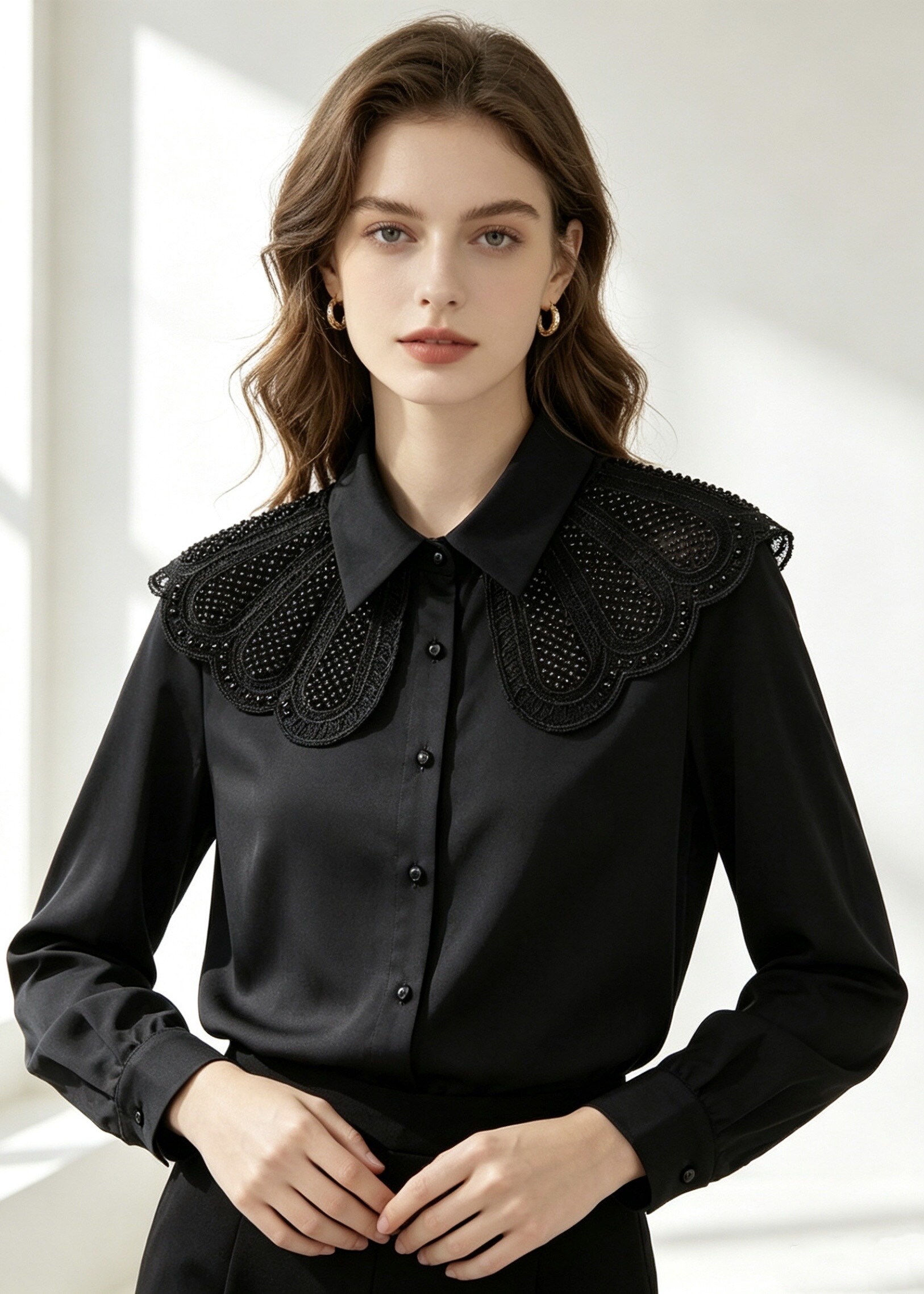 Elegant Big Collar Lace Blouse with Beading and Vintage Embroidery