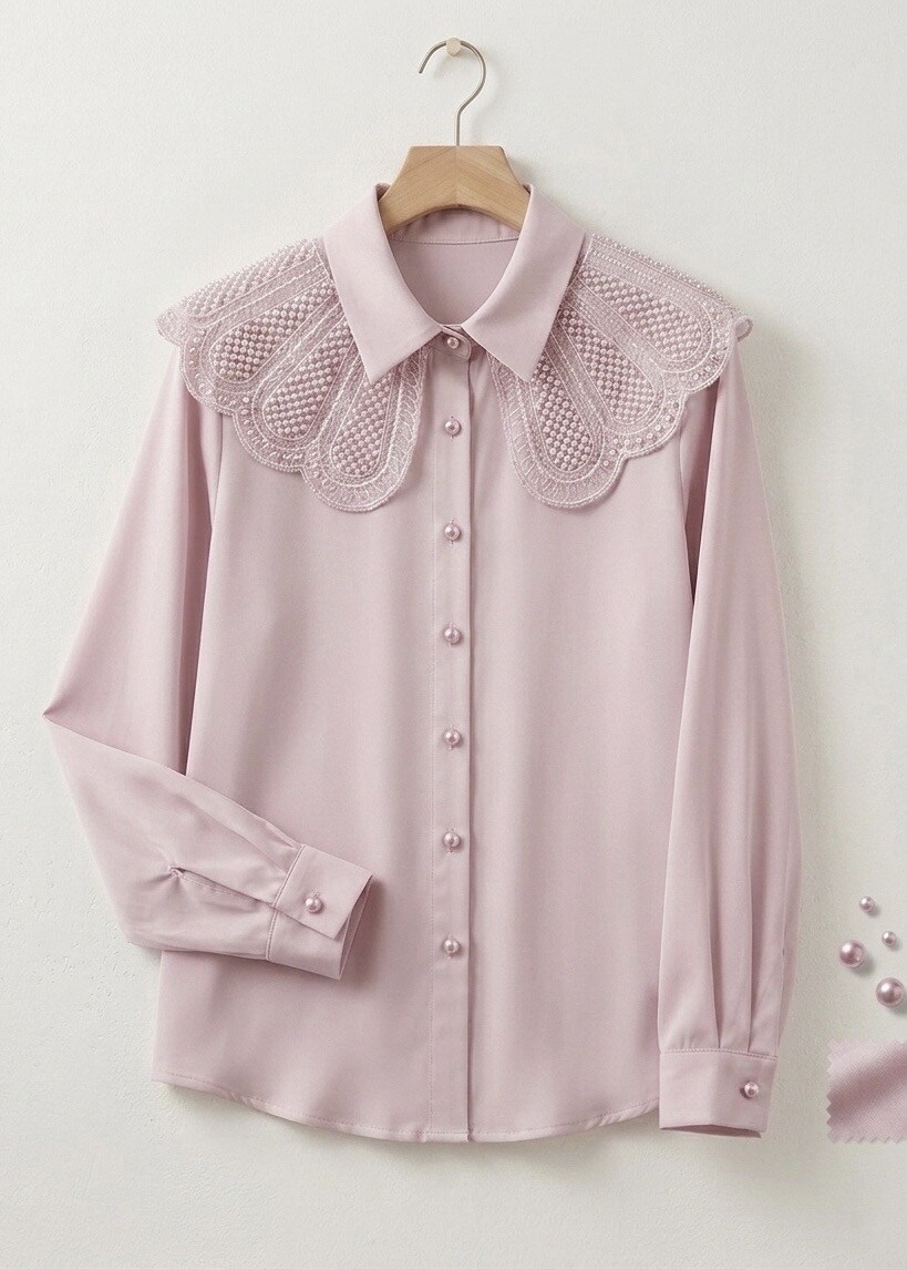 Elegant Big Collar Lace Blouse with Beading and Vintage Embroidery