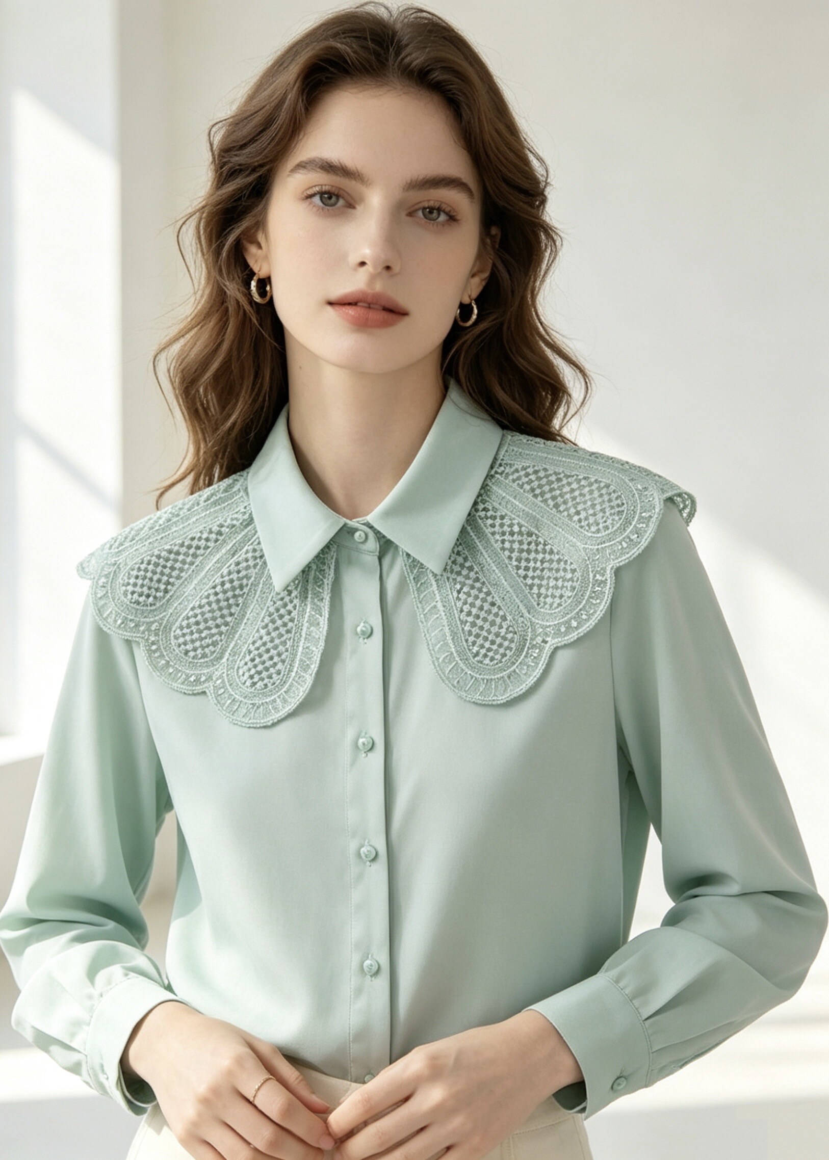 Elegant Big Collar Lace Blouse with Beading and Vintage Embroidery
