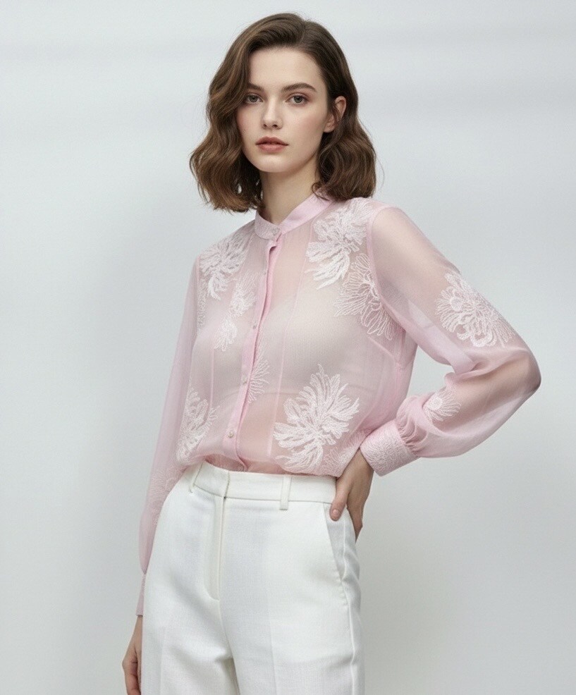 Wholesaler STELLA - Semi-sheer shirt, intricate three-dimensional floral embroidery, mother-of-pearl buttons, minimalist