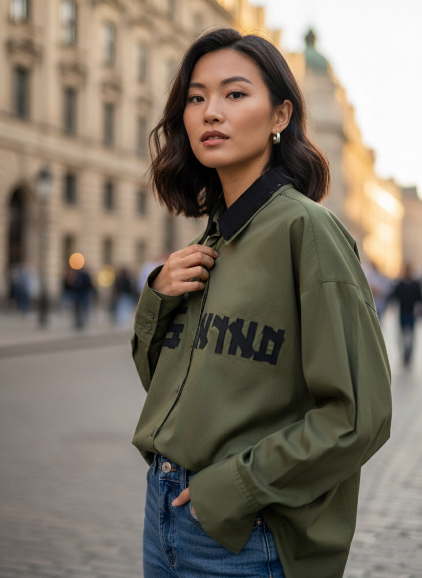 Wholesaler STELLA - Oversized long sleeve varsity style shirt with vintage Americana print.