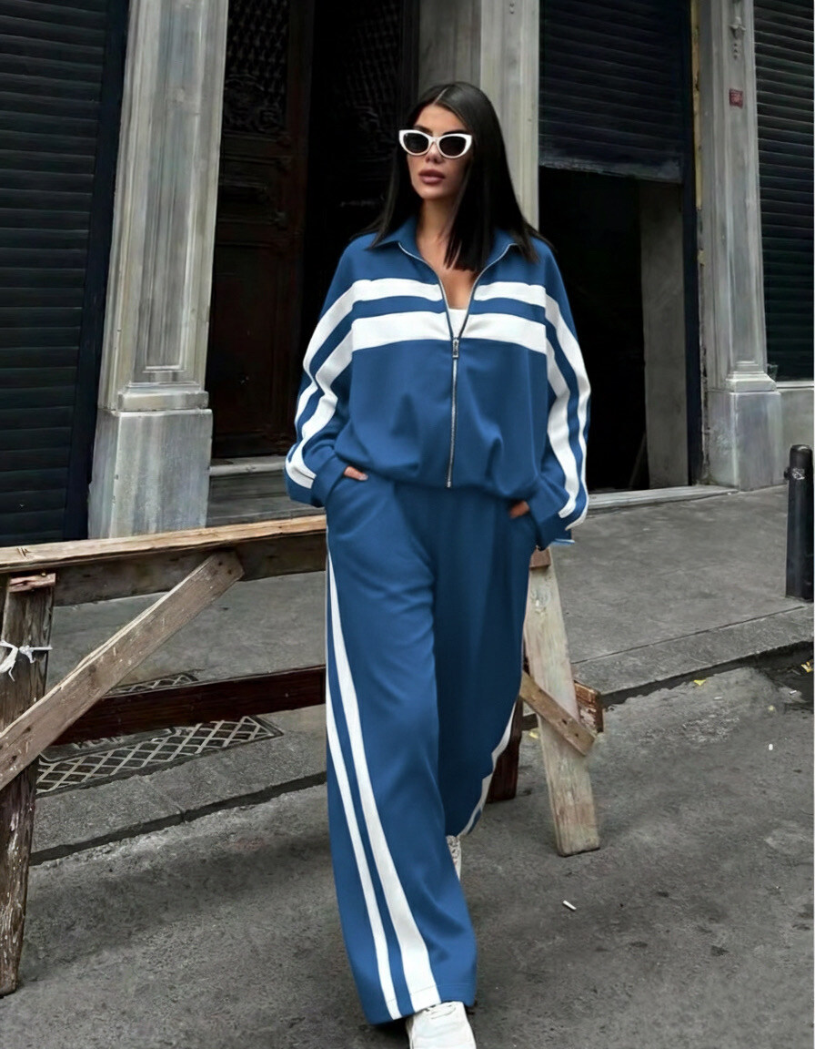Mayorista STELLA - Conjunto deportivo dos piezas: chaqueta + pantalón, ribetes de rayas blancas, cremallera estilo vintage