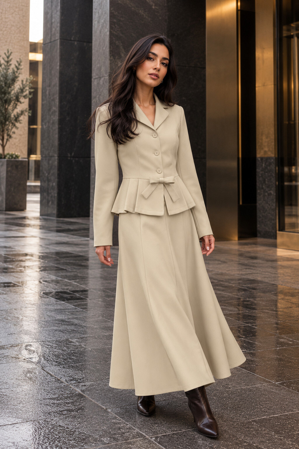 Großhändler STELLA - Elegantes Set mit taillierter Jacke mit plissiertem Schößchen und langem ausgestelltem Rock