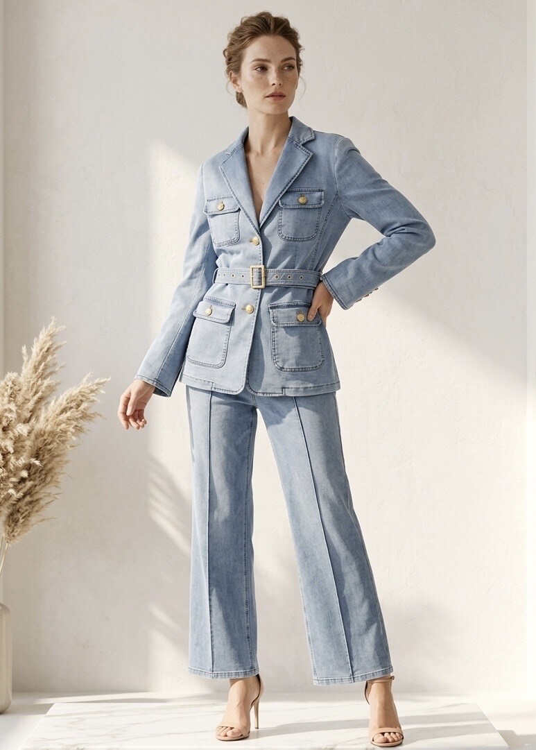 Mayorista STELLA - Conjunto de traje vaquero acampanado para mujer: blazer con cinturón y pantalones acampanados: elegante y atemporal