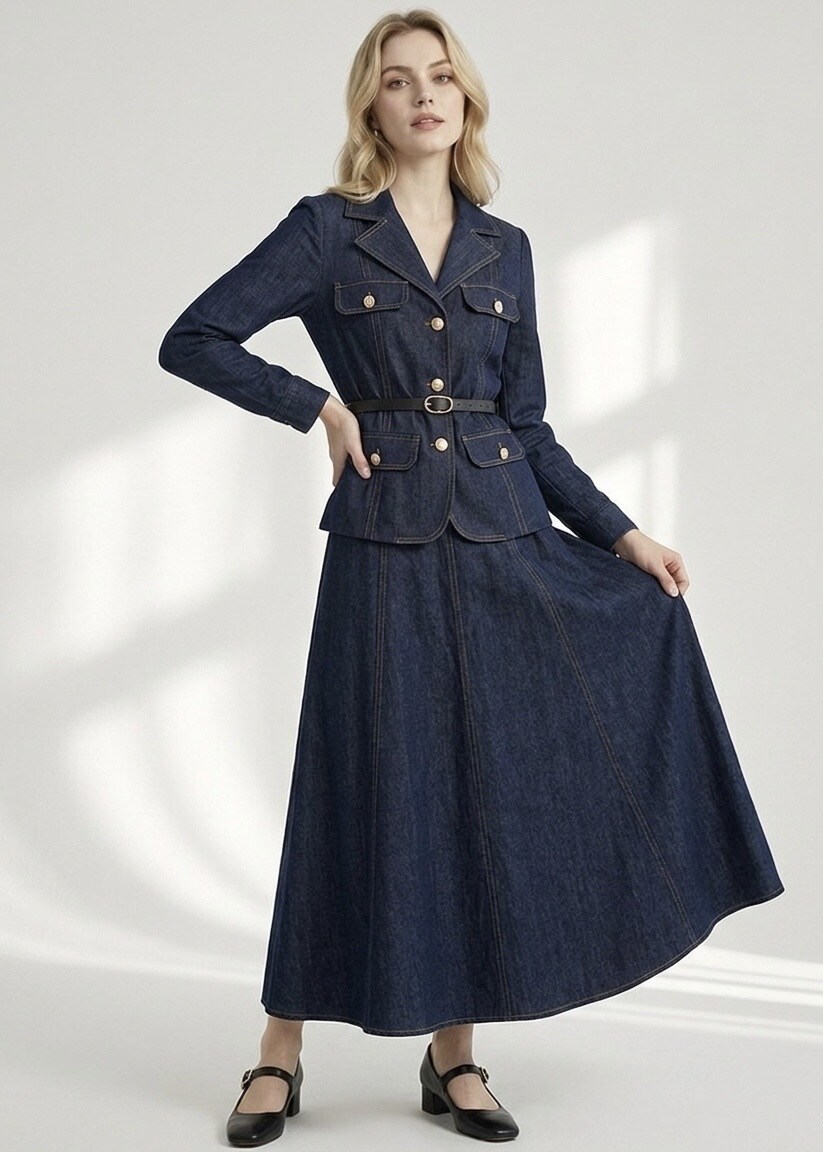 Grossiste STELLA - Ensemble Veste Cargo Ceinturée à Col Tailleur, Jupe Longue Trapèze Femme, Texture Denim, Surpiqûres