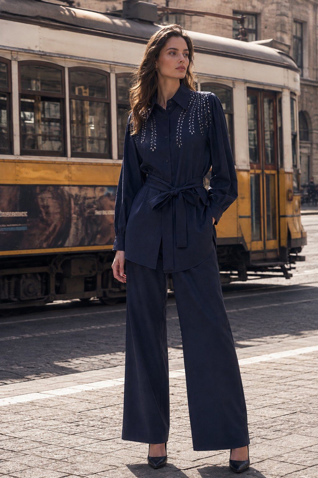 Wholesaler STELLA - Chic set with a sequined belted shirt & wide flowing trousers