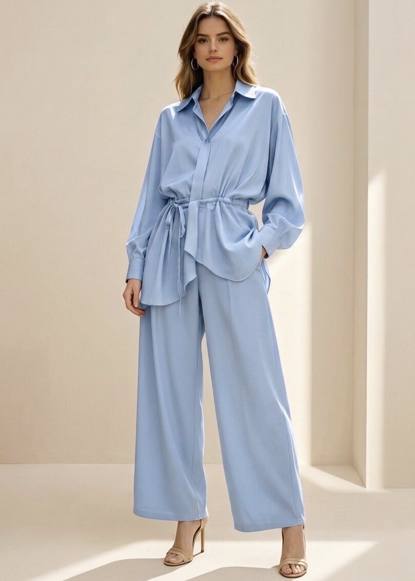 Mayorista STELLA - Conjunto de satén de lujo asequible: top minimalista ajustado y pantalones anchos y fluidos.