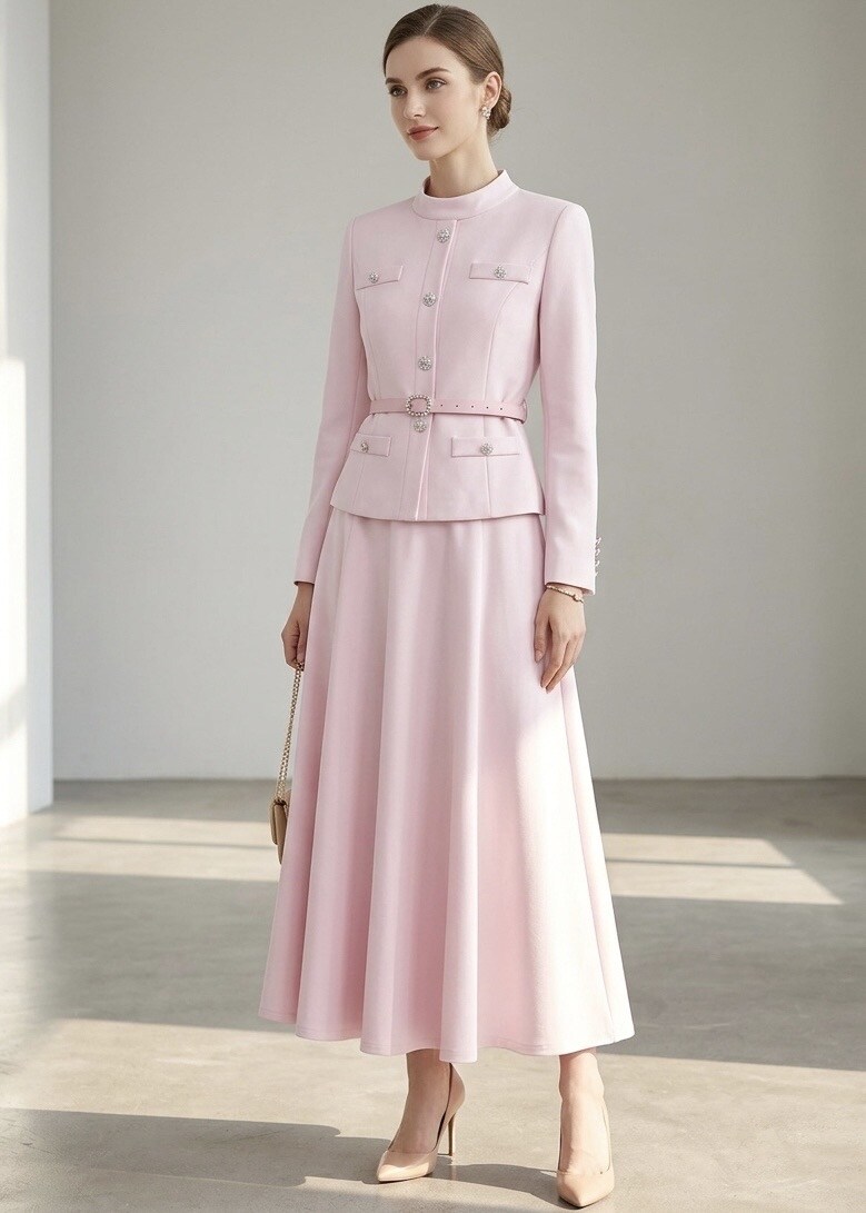 Wholesaler STELLA - Elegant fitted jacket with rhinestone belt and long flared skirt, precious details, chic evening and office set