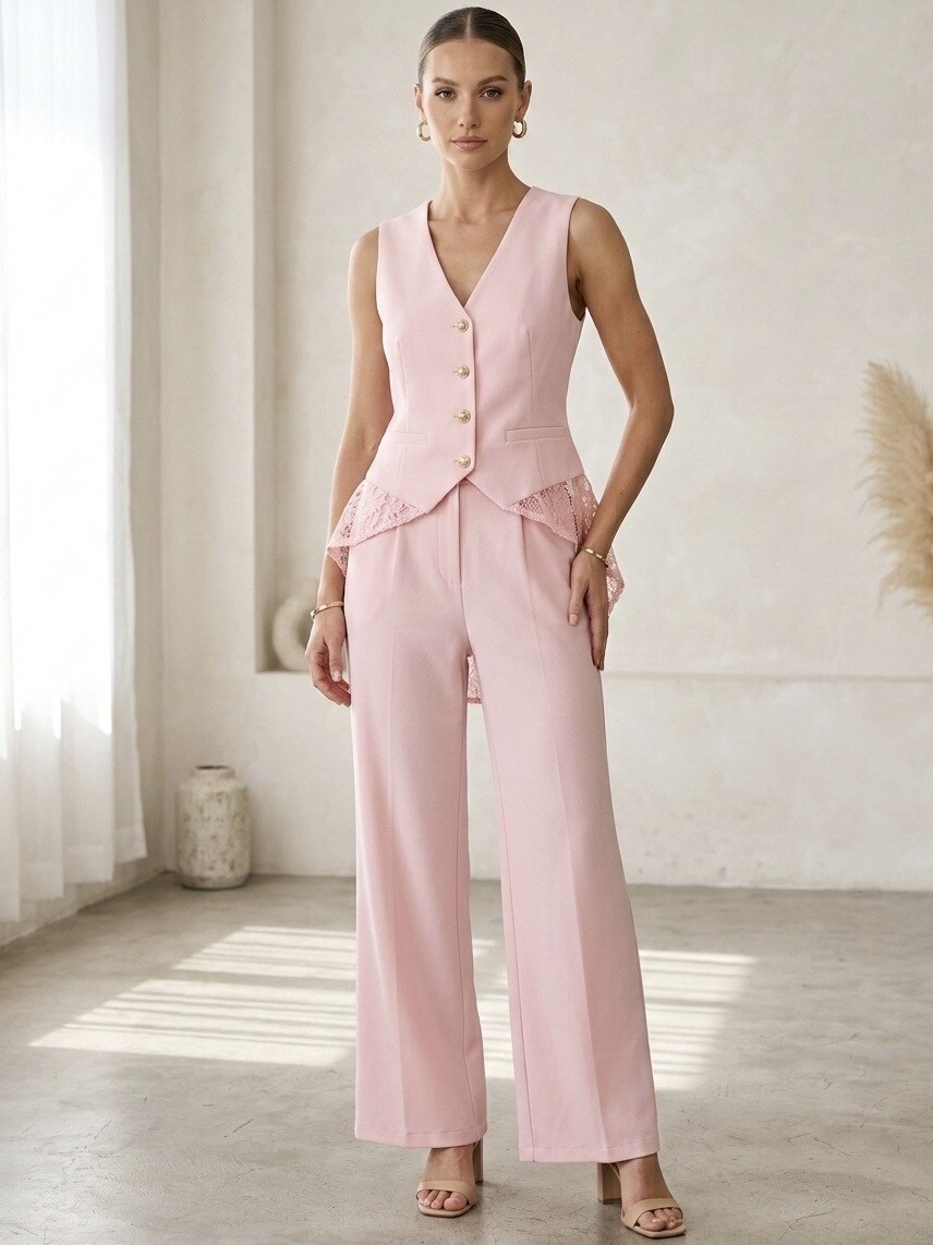 Wholesaler STELLA - Trendy set for women, Women's suit jacket, Short vest, Sleeveless, Gold buttons, Loose wide leg pants.