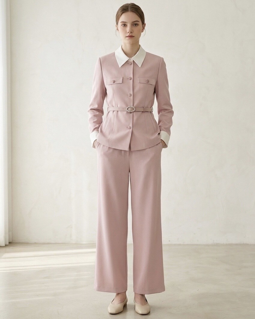 Grossista STELLA - Completo giacca aderente e pantaloni ampi e fluidi, elegante stile colletto bianco, ideale per l'ufficio o l'occasione.