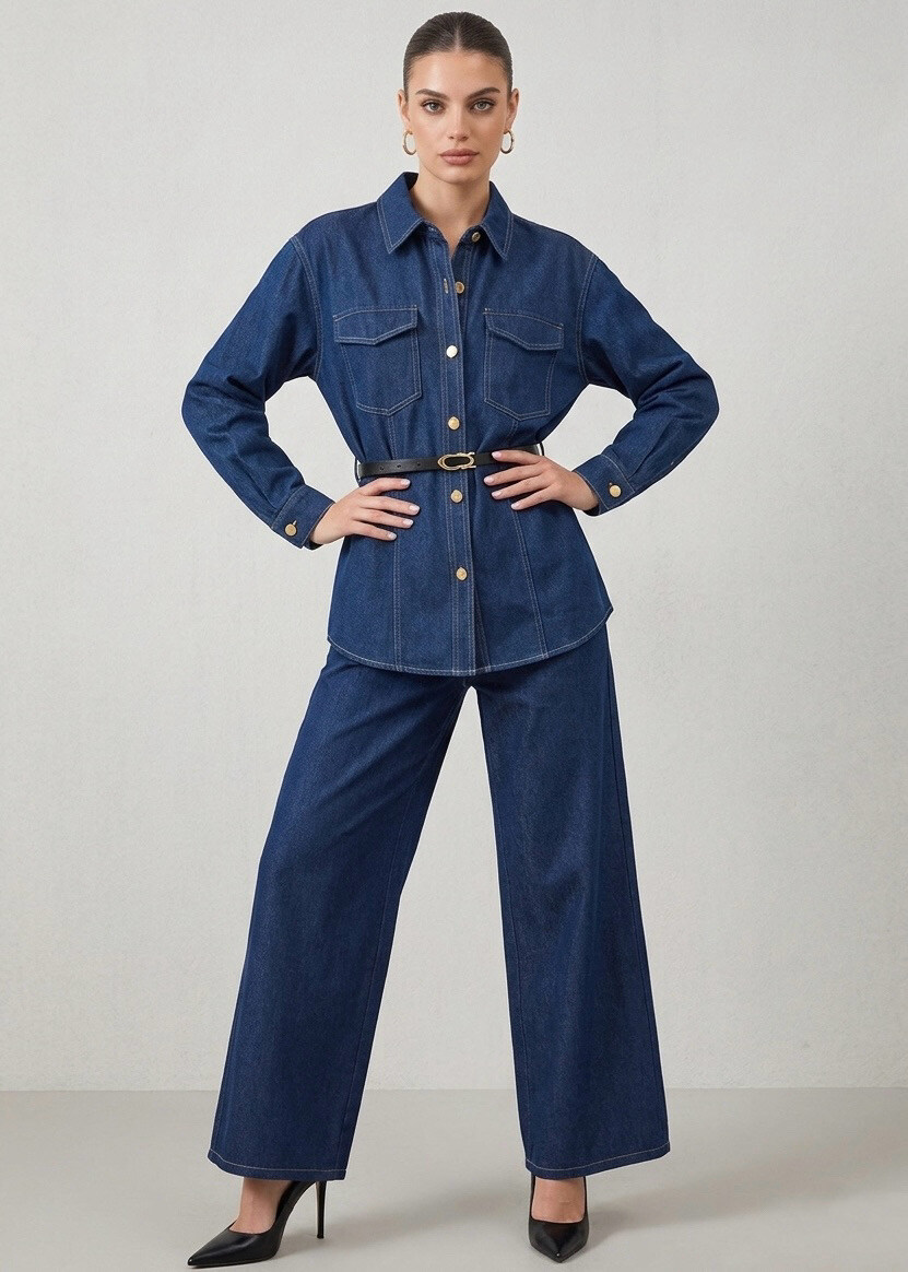 Grossiste STELLA - Ensemble Coordonné Veste Cintrée à Ceinture et Pantalon Large Fluide Style Workwear Élégant