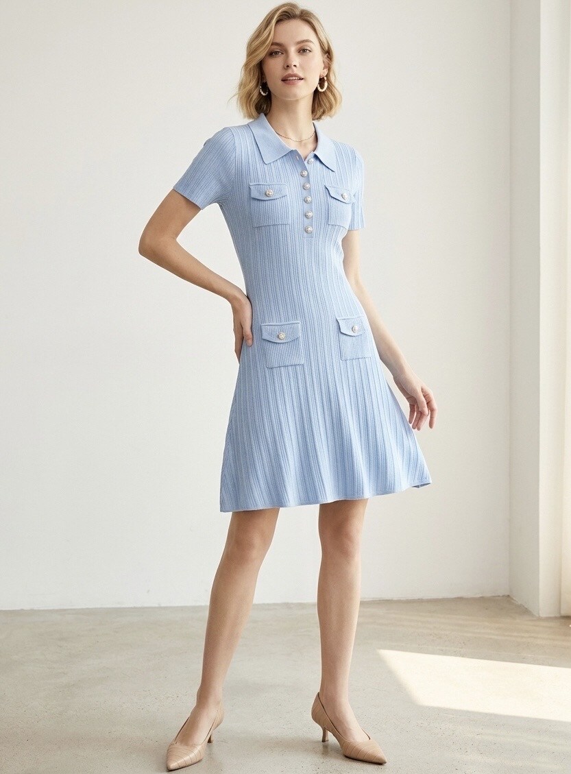 Mayorista STELLA - Vestido polo de punto, estilo chic Chanel, botones de perlas, elegancia francesa