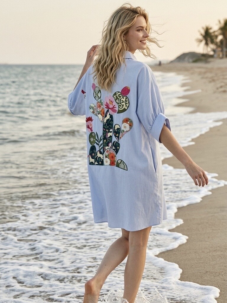 Wholesaler STELLA - Short oversized shirt dress with artisanal hand embroidery on the back - Casual chic style, Floral pattern shirt dress