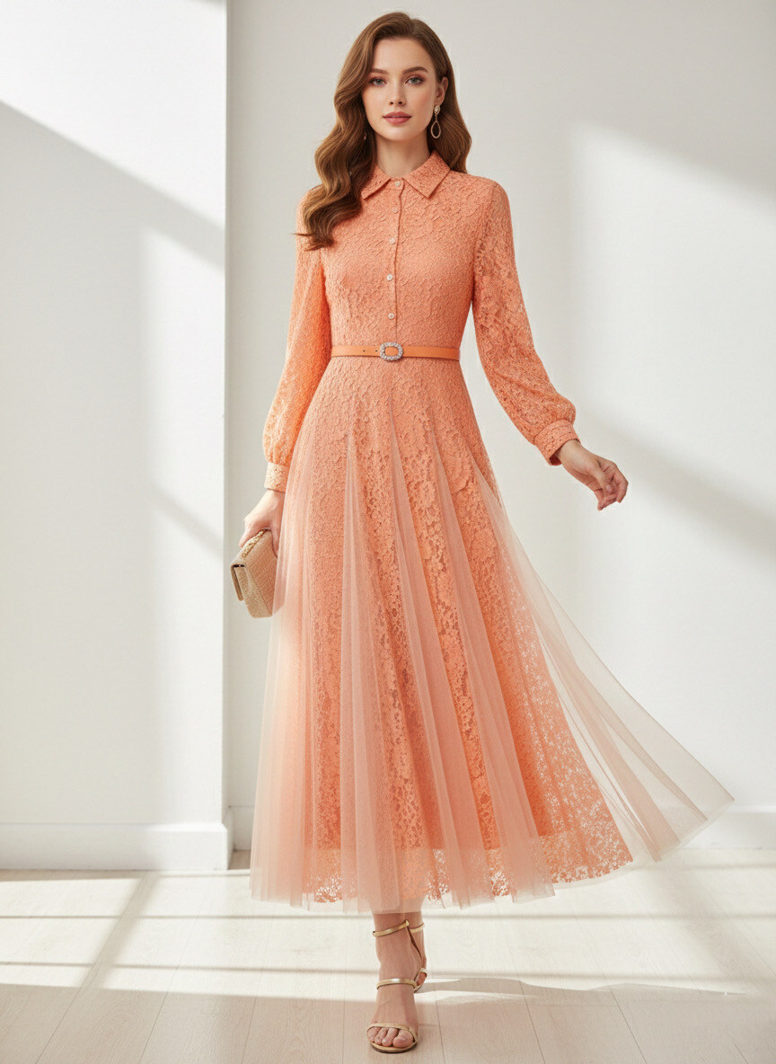 Großhändler STELLA - Midikleid aus Tüll mit Spitzenbesatz, taillierter Taille (mit Gürtel mit Nietenschnalle)