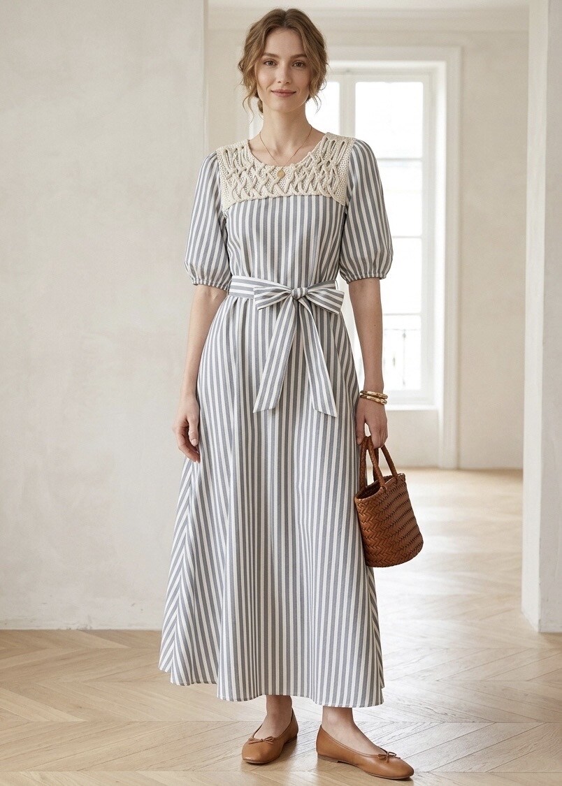 Mayorista STELLA - Vestido largo de rayas, cuello de crochet y mangas abullonadas: elegancia francesa, largo hasta el tobillo con cinturón