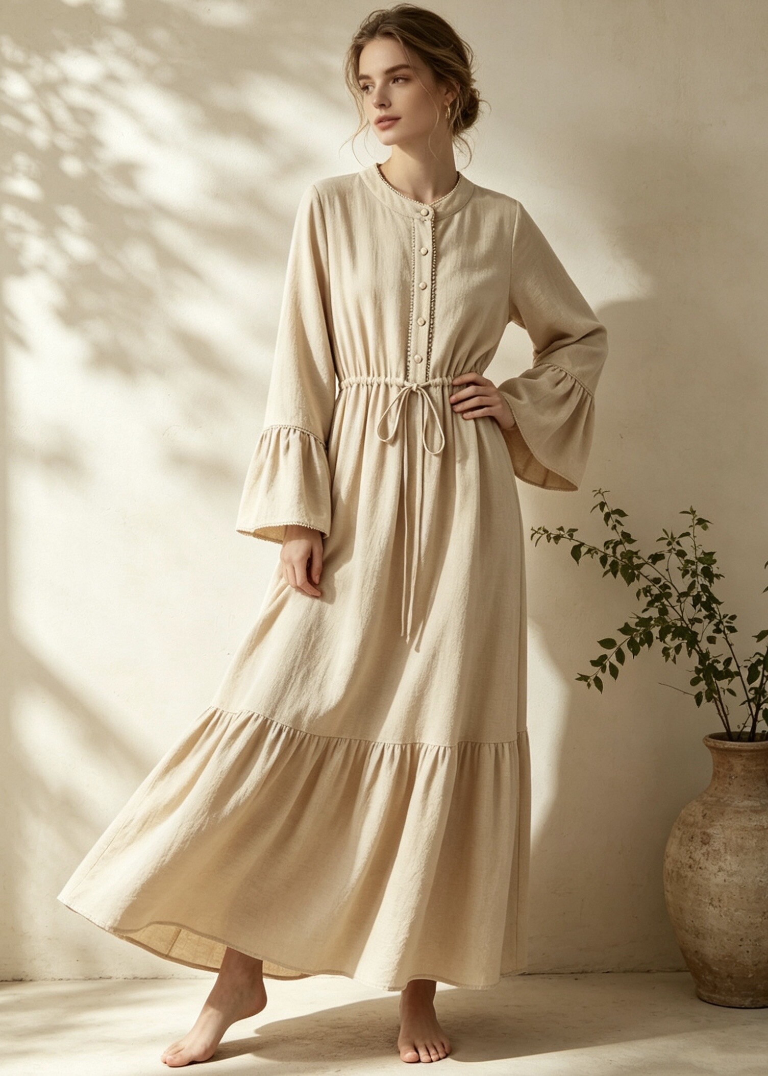 Großhändler STELLA - Fließendes Bohemian-Maxikleid mit gerüschten, ausgestellten Ärmeln, geknöpftem Stehkragen und Kordelzug in der Taille.