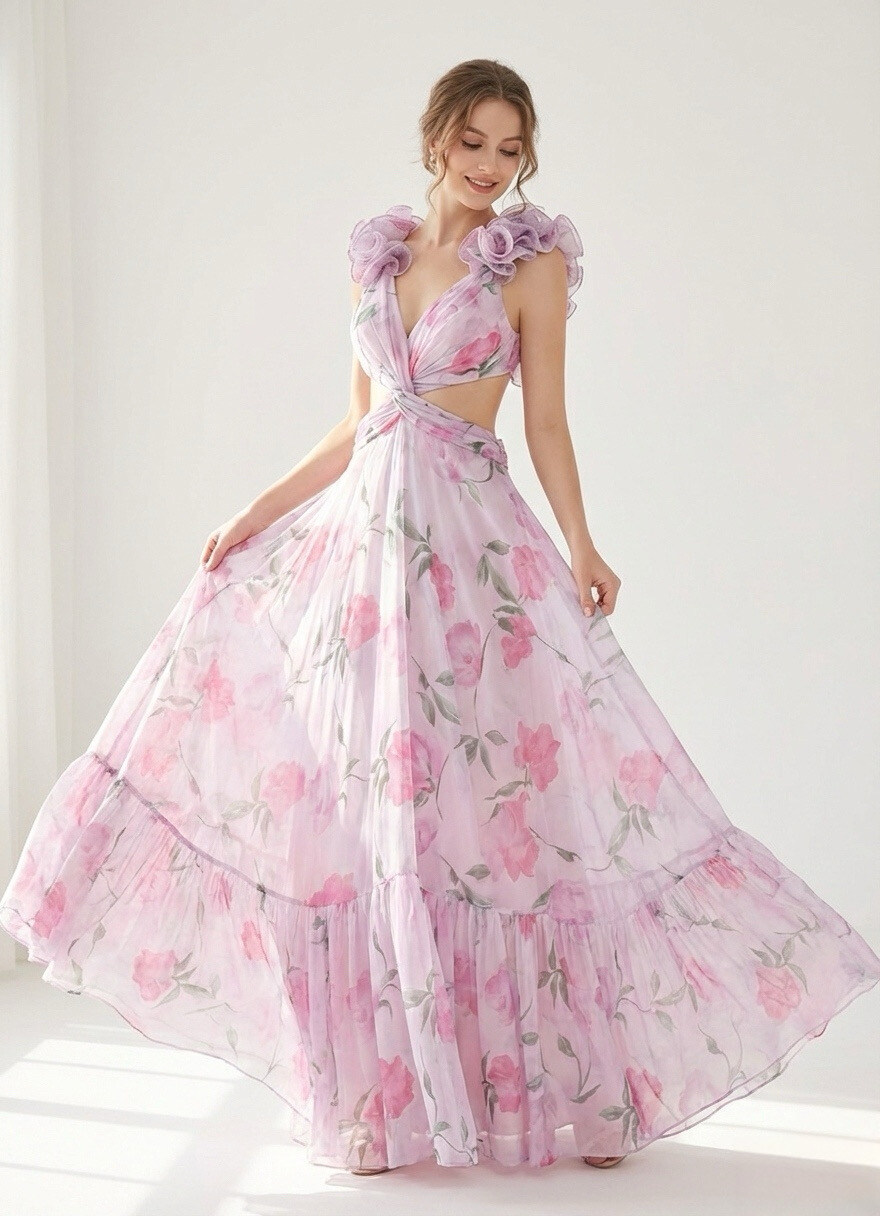 Mayorista STELLA - Vestido largo floral con falda holgada, atajo, adornos florales tridimensionales, estilo romántico.