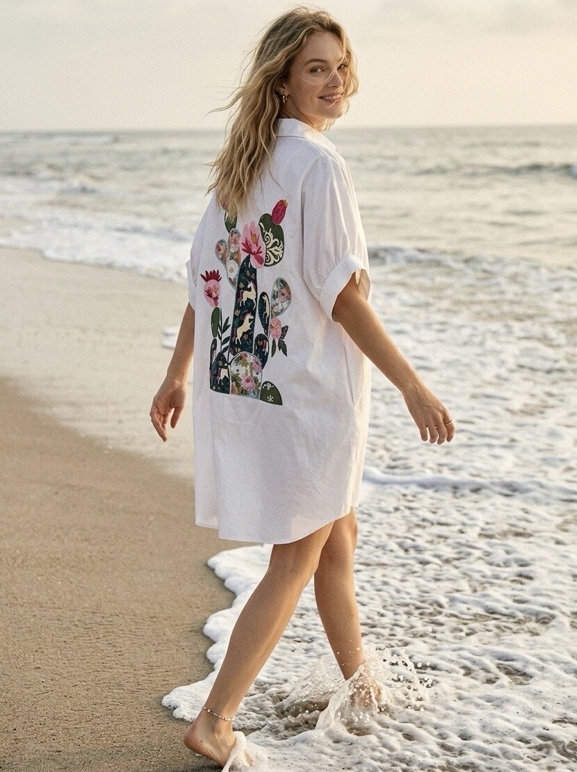 Wholesaler STELLA - Short oversized shirt dress with artisanal hand embroidery on the back - Casual chic style, Floral pattern shirt dress