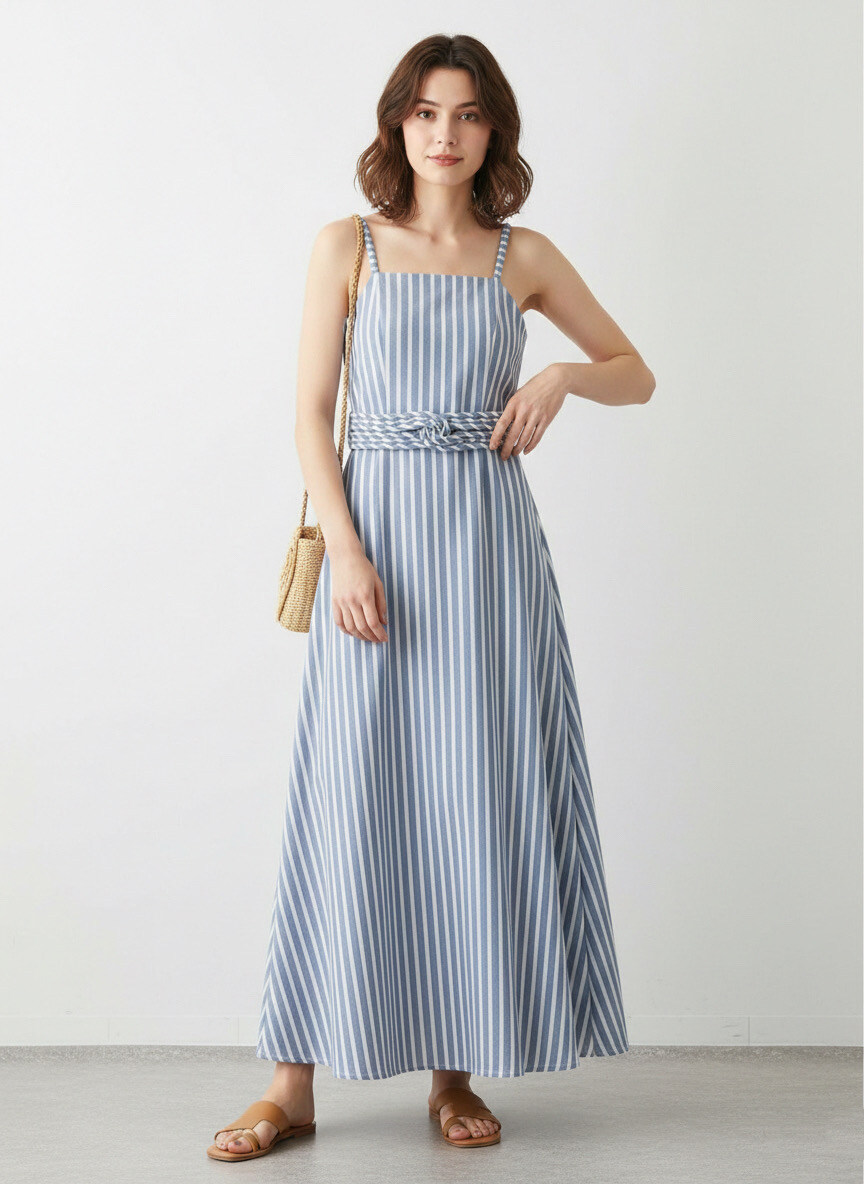 Grossiste STELLA - Robe vintage française cintrée à bretelles rayées et jupe ample : robe élégante à bretelles longueur cheville