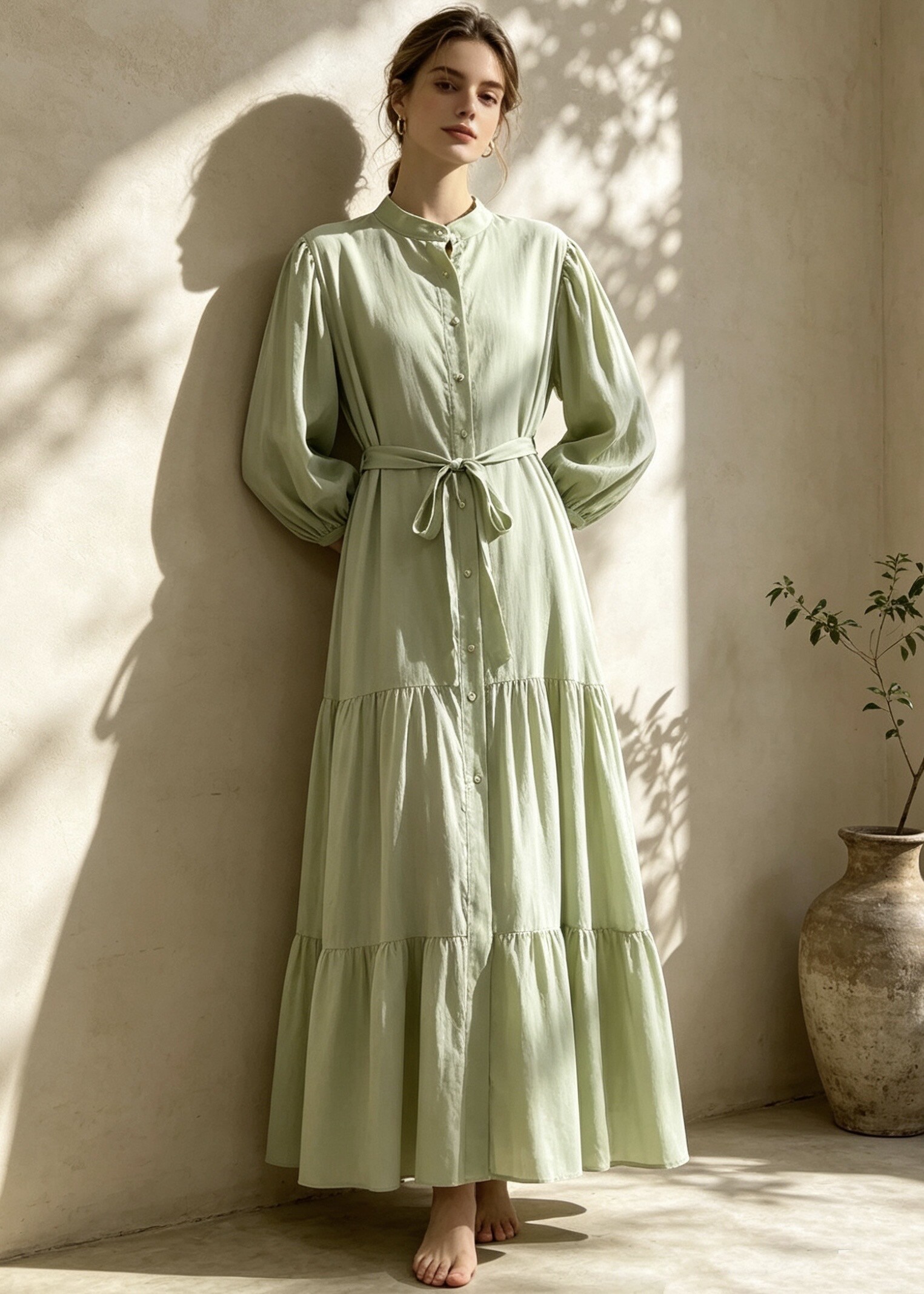 Großhändler STELLA - Langes Bohemian-Kleid mit Puffärmeln, Gürtel, fließendem Schnitt, lässiger Cottage-Chic-Stil