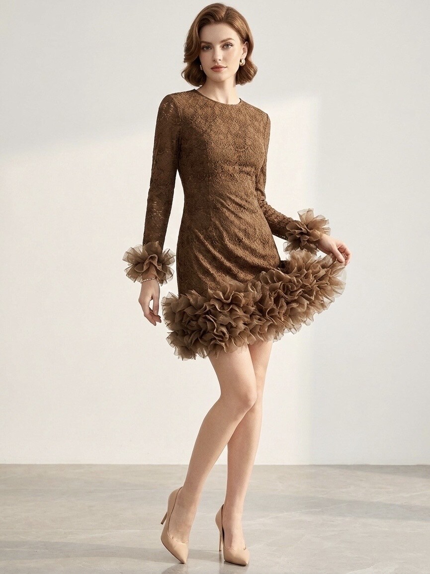 Grossiste STELLA - Mini-robe de soirée vintage à volants en dentelle florale complexe