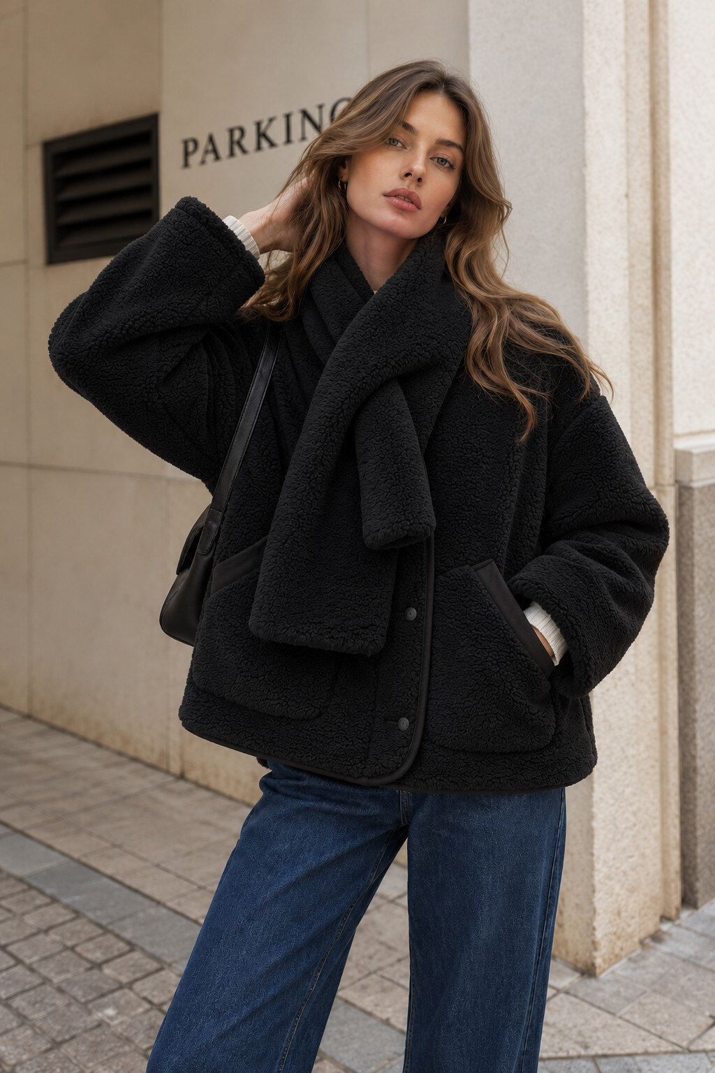 Großhändler STELLA - Kurze Jacke im Lammfell-Look mit passendem Schal