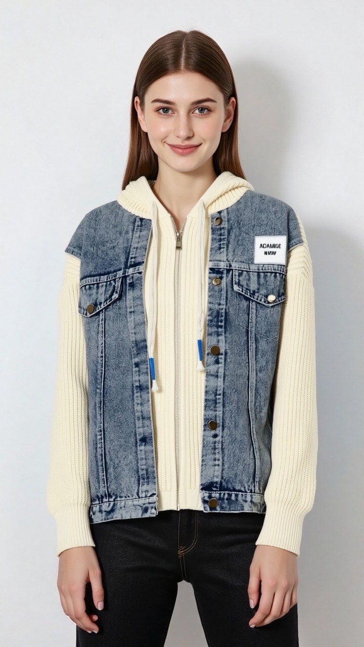 Grossiste STELLA - Veste à capuche en denim patchwork tricoté
