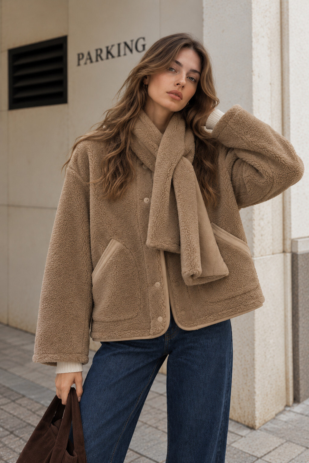 Großhändler STELLA - Kurze Jacke im Lammfell-Look mit passendem Schal