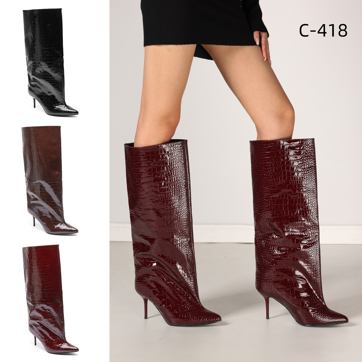 Wholesaler Stephan Paris - Patent crocodile-effect stiletto boots