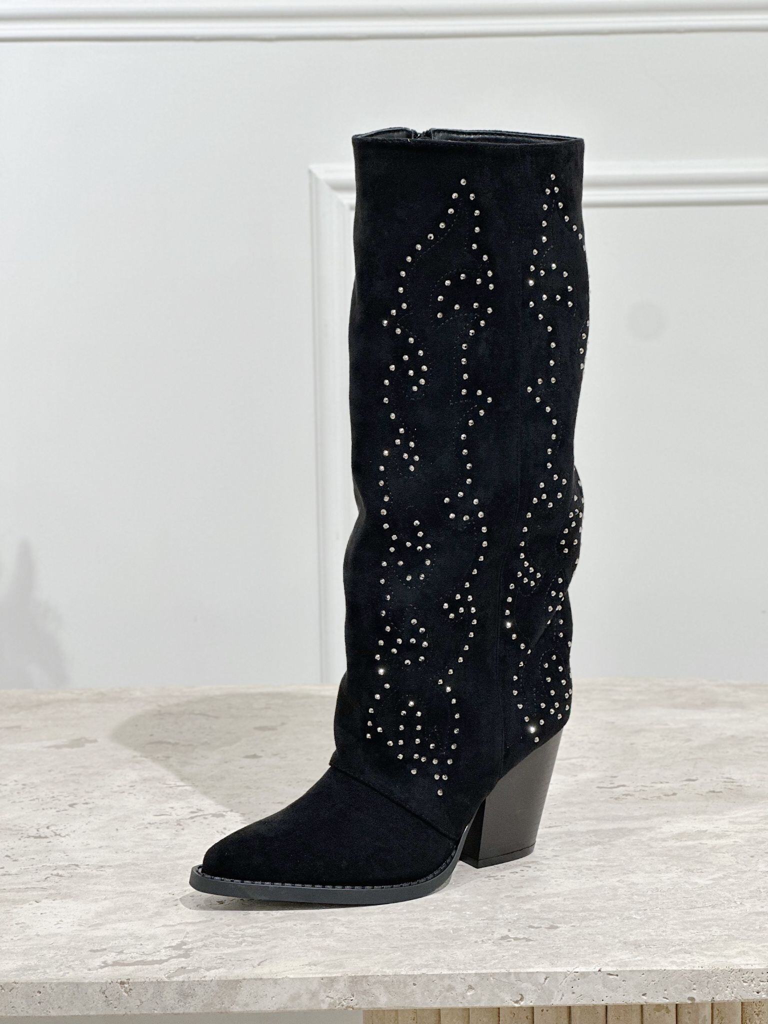Grossiste Stephan Paris - Botte Western en suédine noire à clous