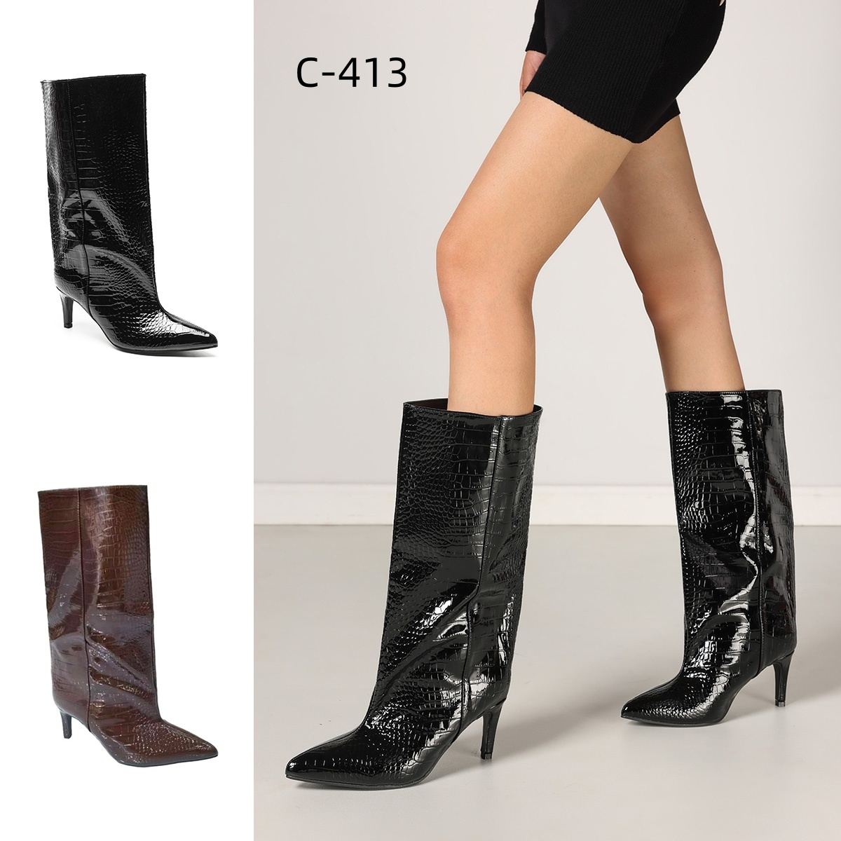 Wholesaler Stephan Paris - Glossy croc-effect boots with a slim heel