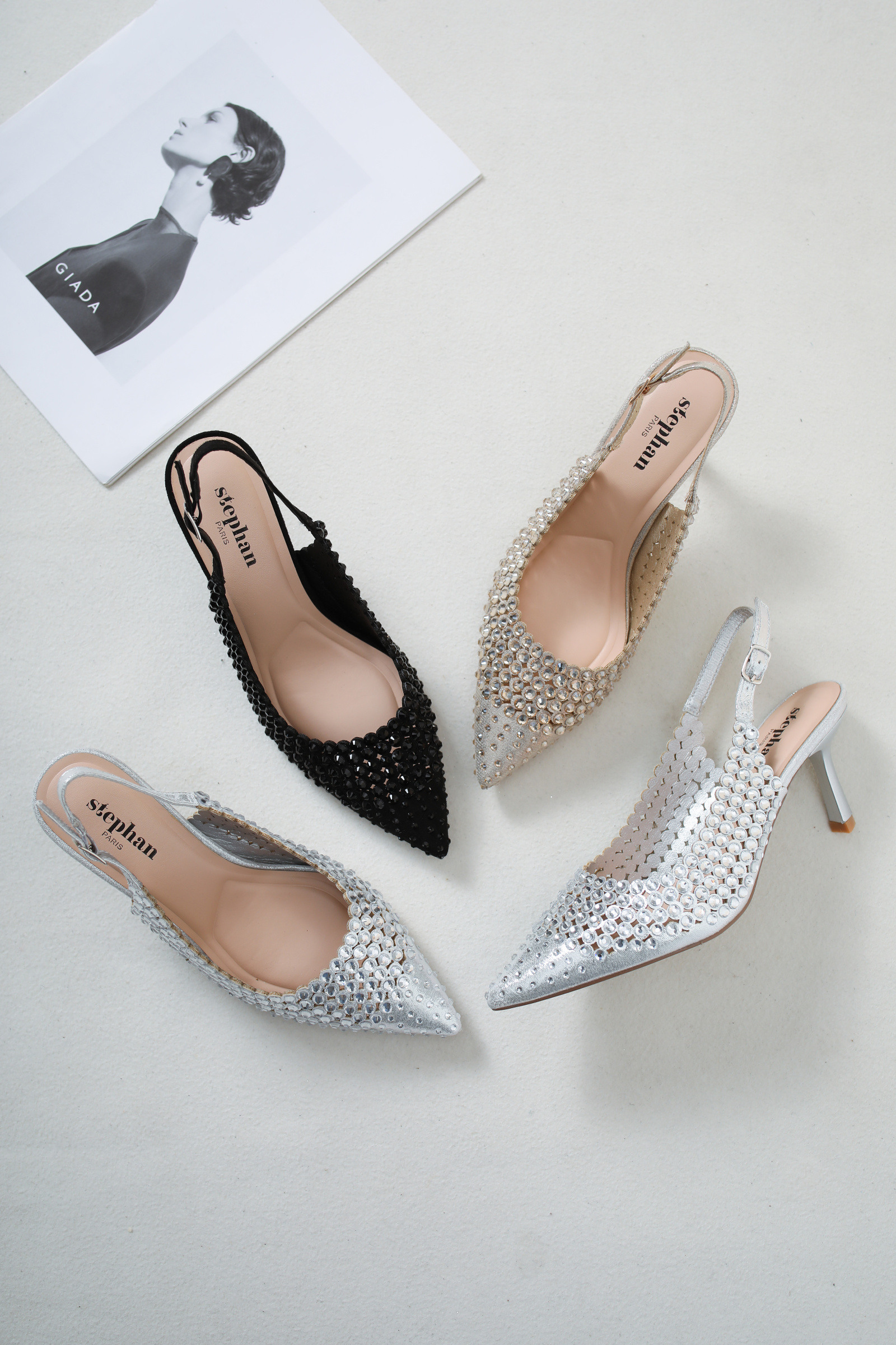 Mayorista Stephan Paris - Zapatos de tacón slingback con strass brillantes