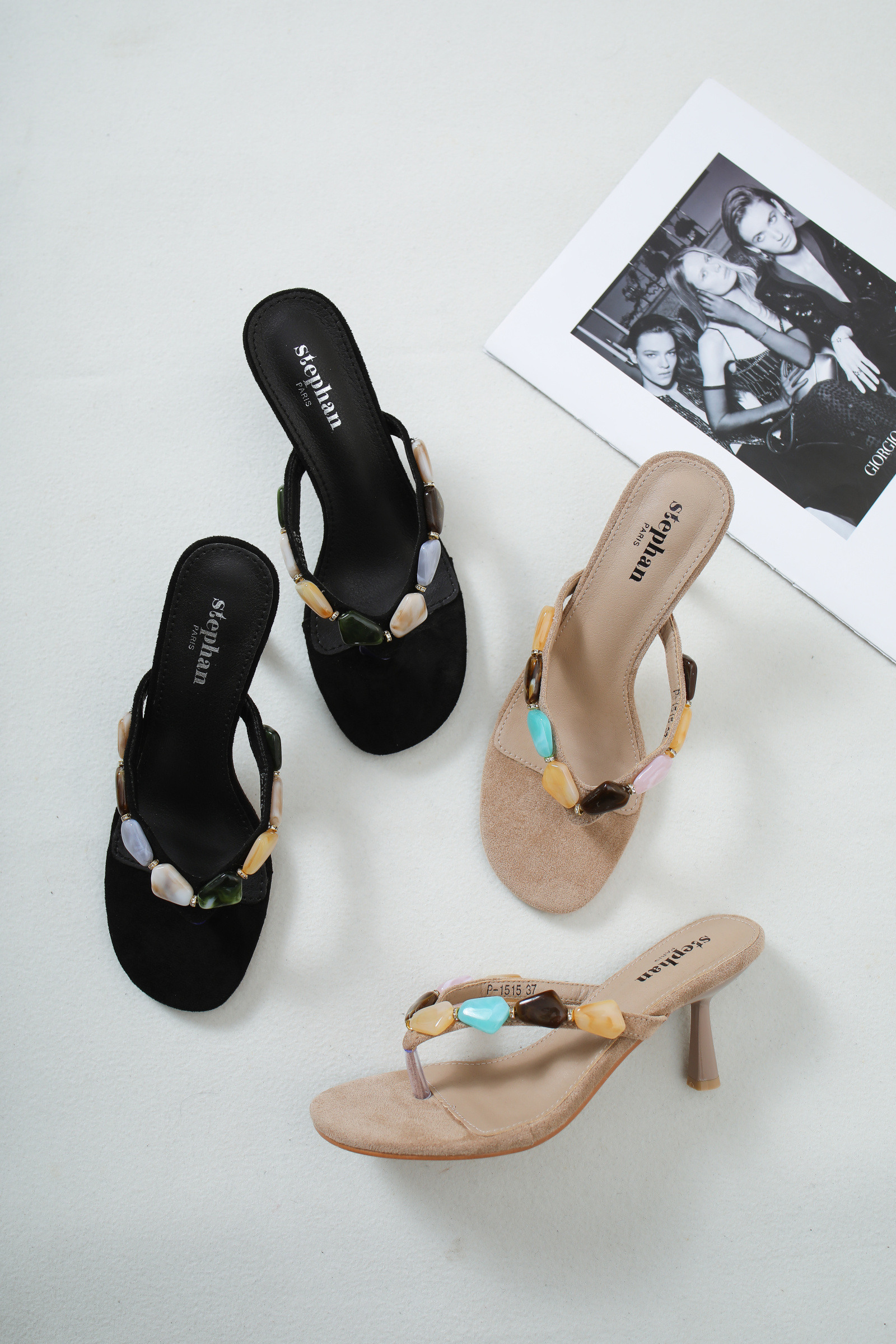 Mayorista Stephan Paris - Mule elegante de ante con joyas de colores