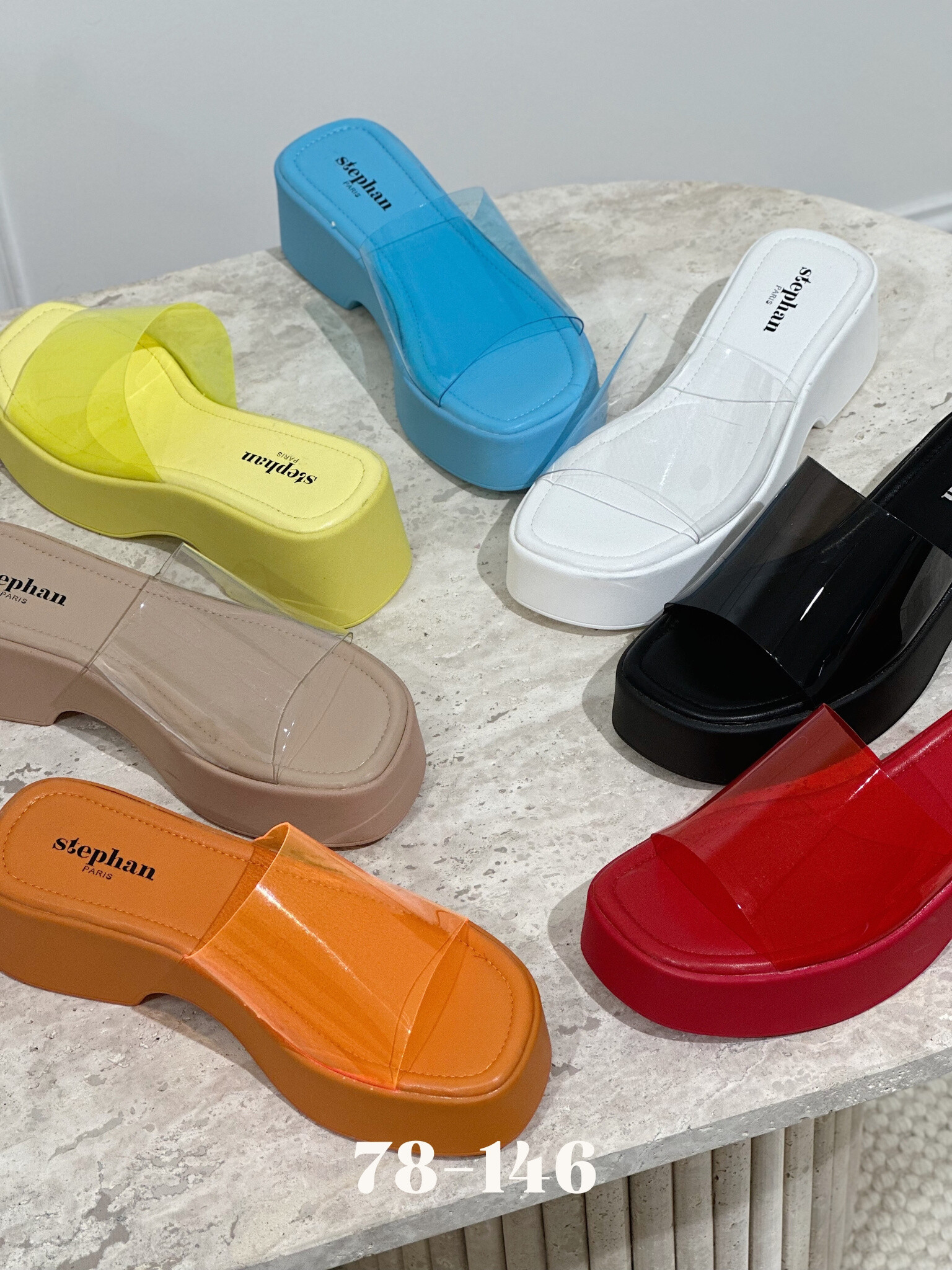Mayorista Stephan Paris - Mulas de cuña con brida de PVC transparente