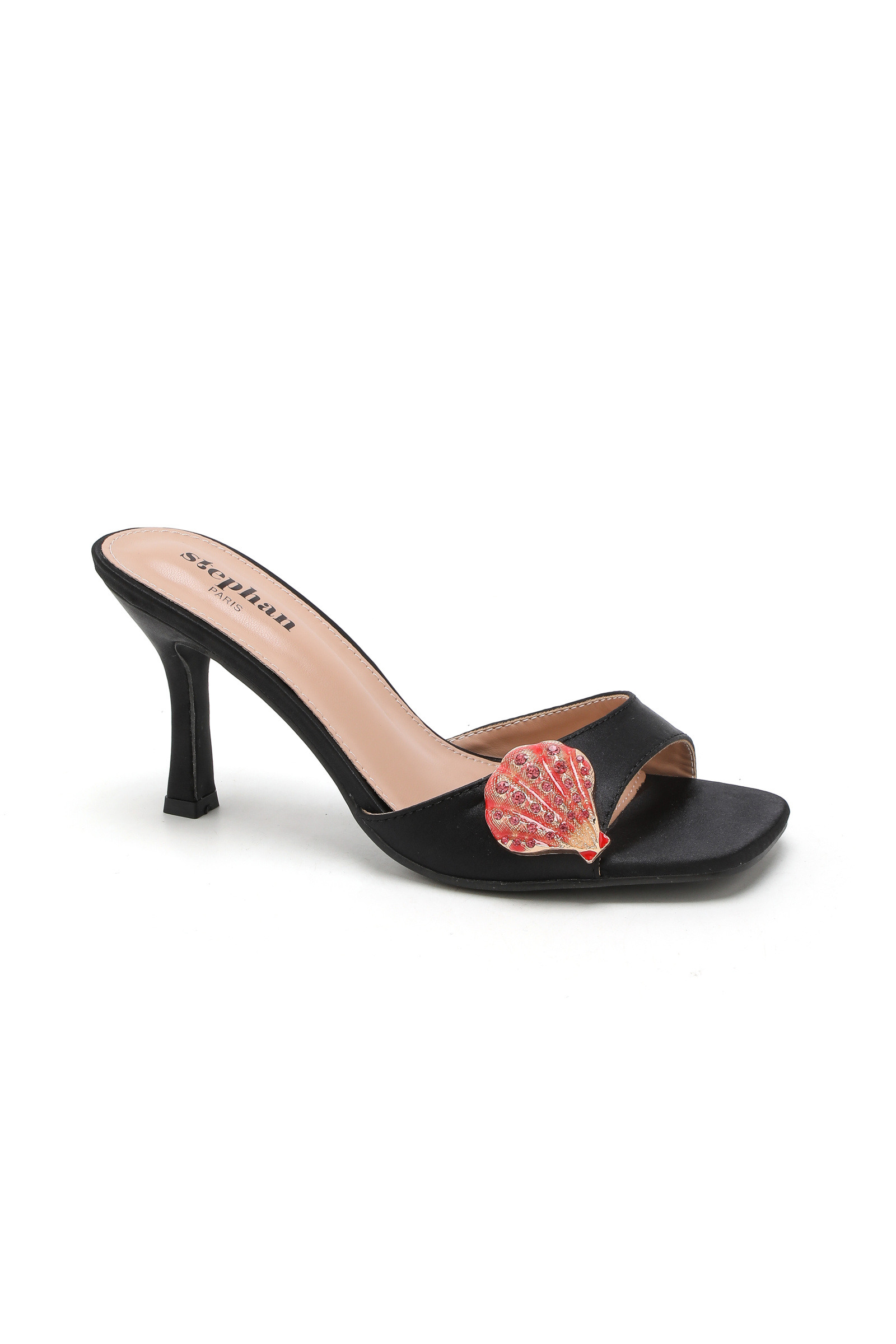 Mayorista Stephan Paris - Mule elegante de satén liso, adornada con una joya de concha brillante.