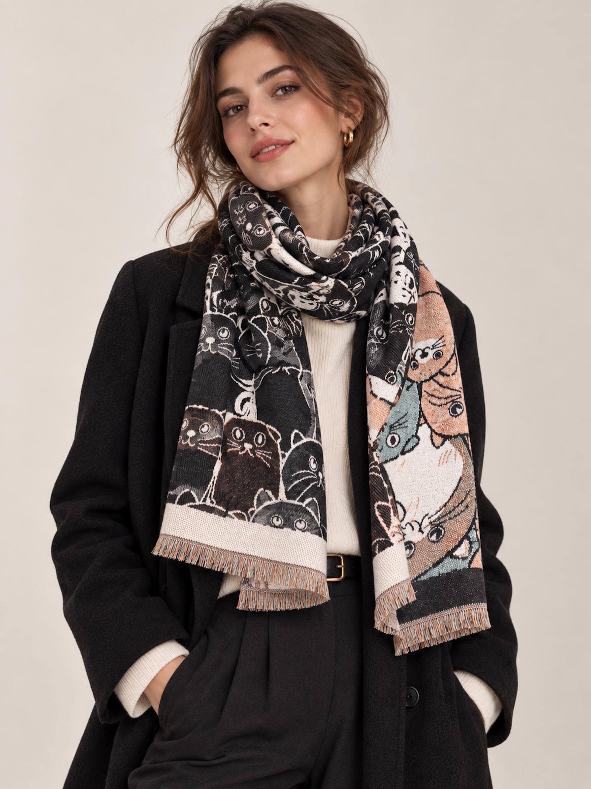 Wholesaler Suie Valentini - Christmas Gift | Soft Winter Scarf with Cute Cat Pattern & Cashmere-Like Feel