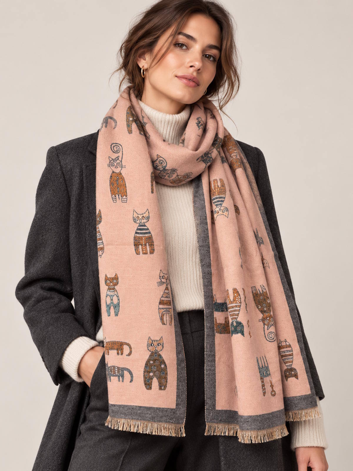 Wholesaler Suie Valentini - Christmas Gift | Soft Winter Scarf with Cute Cat Pattern & Cashmere-Like Feel