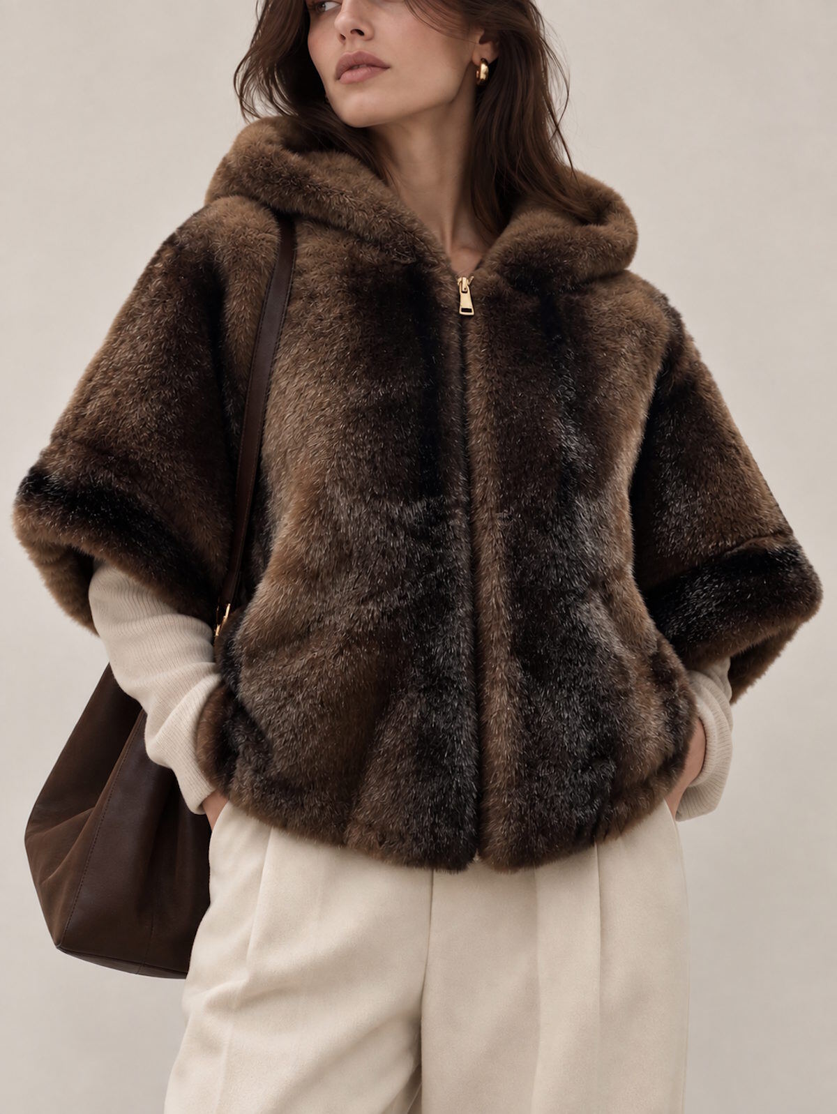 Wholesaler Suie Valentini - Plush Striped Faux Fur Hooded Zip-Up Bomber Jacket, Fall/Winter