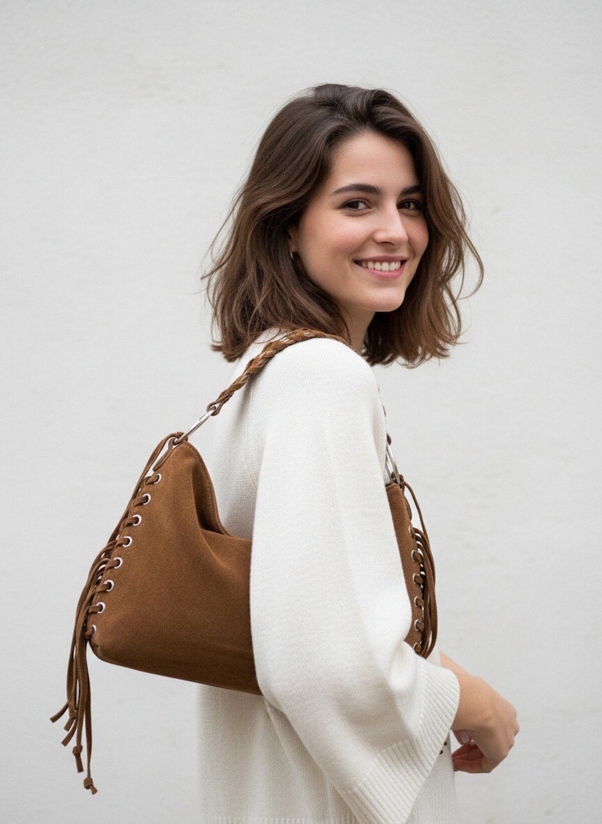 Wholesaler Suie Valentini - Suede Leather Lace-up Detail Slouchy Shoulder Bag