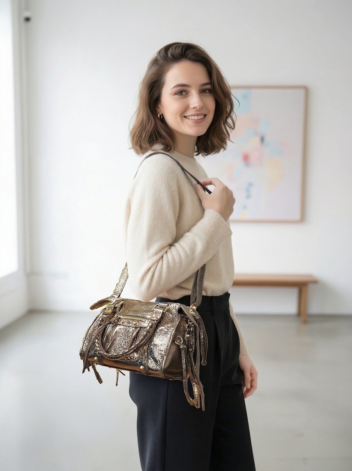 Mayorista Suie Valentini - Bolso de hombro para mujer de cuero genuino, Hecho en Italia