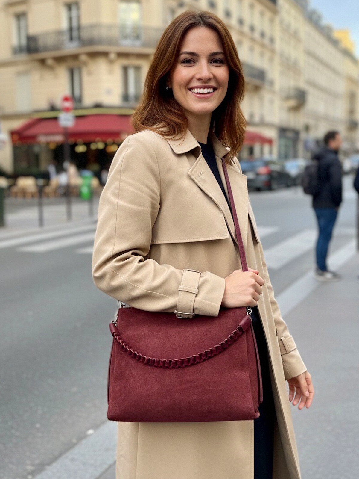 Mayorista Suie Valentini - Bolso de hombro de ante y cuero genuino, hecho en Italia