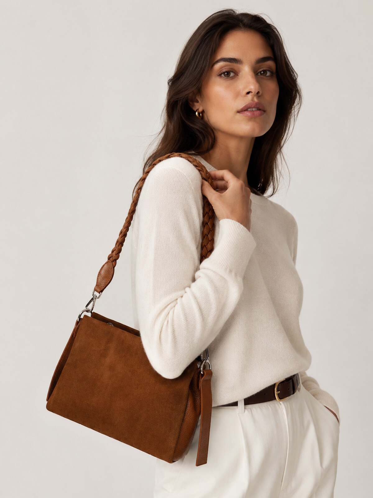 Mayorista Suie Valentini - Bolso de hombro de ante y cuero genuino, hecho en Italia