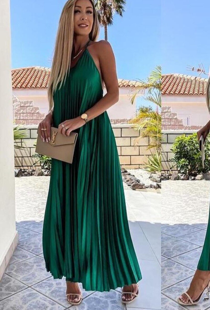 Grossiste Sumel - Robe longue plissée, robe col dos-nu, robe volumeuse