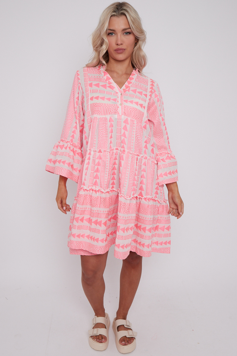 Großhändler Sumel - Kurzes Bohemian-Urban-langes Kleid mit schlichtem Neon-Pfeil-Print, Ref. 25040