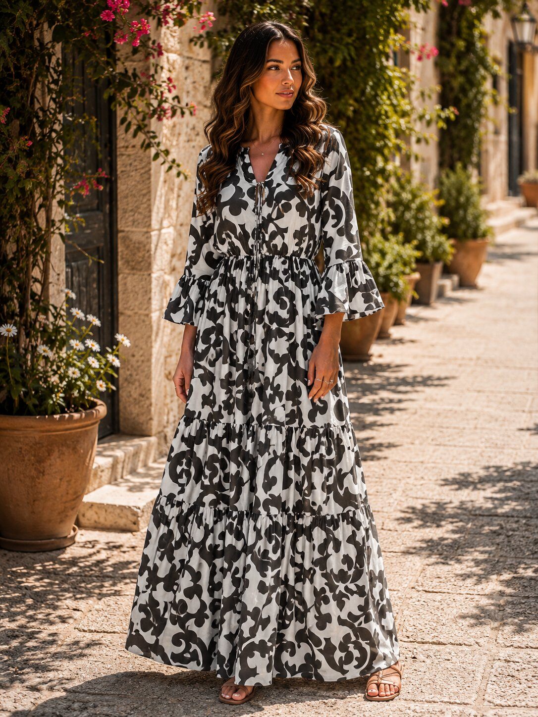 Wholesaler Sumel - Bohemian Chic Long Dress with Baroque Floral Print – Tunisian Collar, Smocked Waist, and Flutter Sleeves- 1291