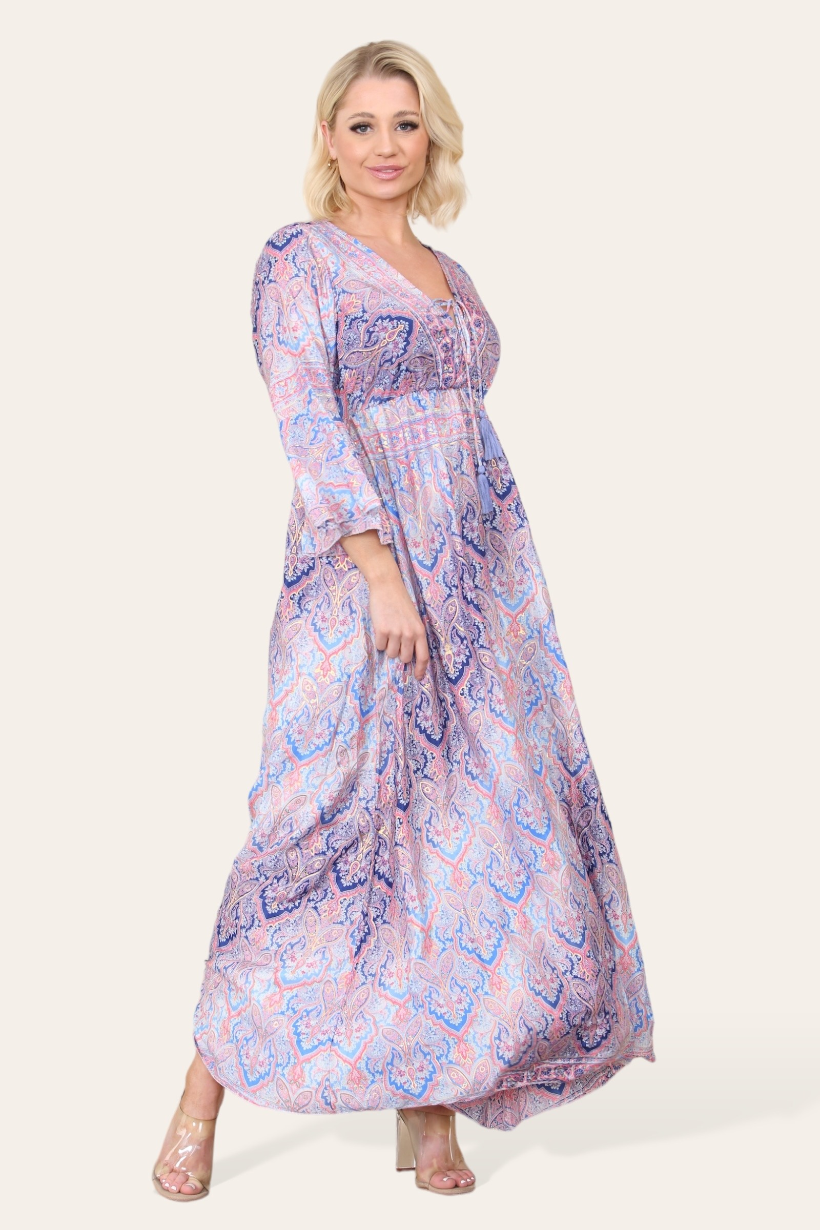 Großhändler Sumel - Langes tropisches Damenkleid, elegantes zweifarbiges Design Modell 7023