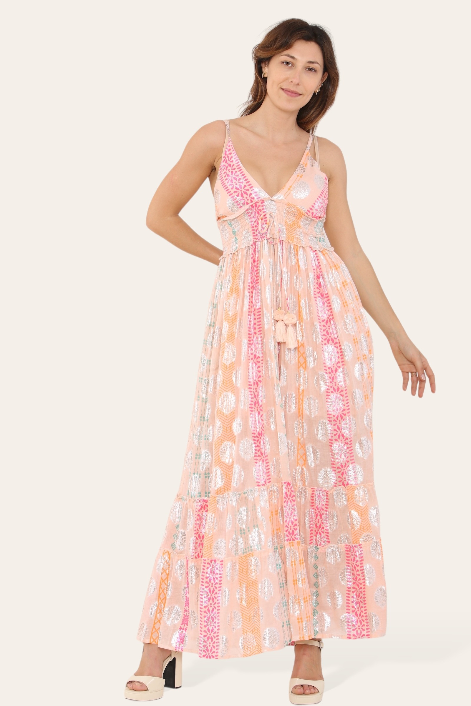 Großhändler Sumel - Langes Kleid mit Trägern, silberner Kreisaufdruck, sauberer Druck ref 9113