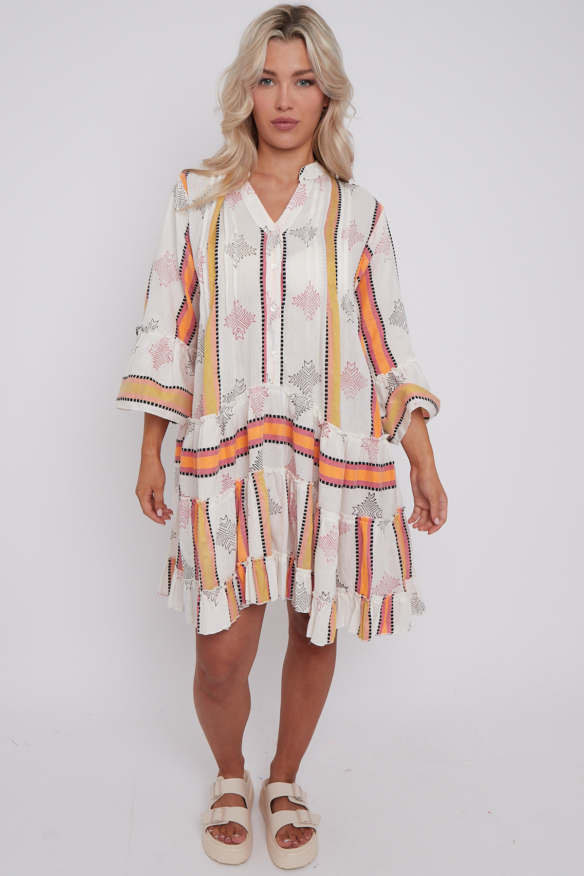 Wholesaler Sumel - Mid-length dress with long sleeves, linen effect, dotted fluorescent band ref 25032